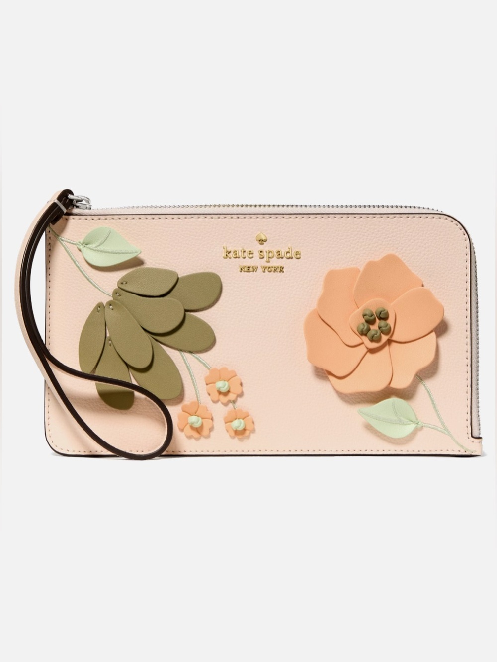 NWT✨Kate Spade Lucy Floral Applique Medium L-Zip Wristlet Leather Fresh Peach
